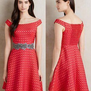 ANTHROPOLOGIE Minette Dress Red Fit & Flare Off-the-Shoulder NWT